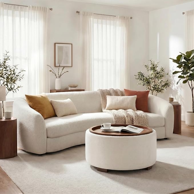 29.1 Inch Round Ottoman Coffee Table, Ottoman with Storage, Boucle Beige | Storage Ottoman with Removable Lid Top, Solid Wood Legs, Round Ottoman for Living Room, Bedroom, Apartments