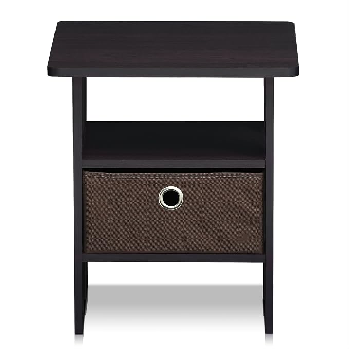 Furinno TIDUR 3-Tier Night Stand, Nightstand with Storage Bin, Dark Walnut | Open Shelf Design, Bedside Table, End Table, Side Table for Bedroom, Living Room