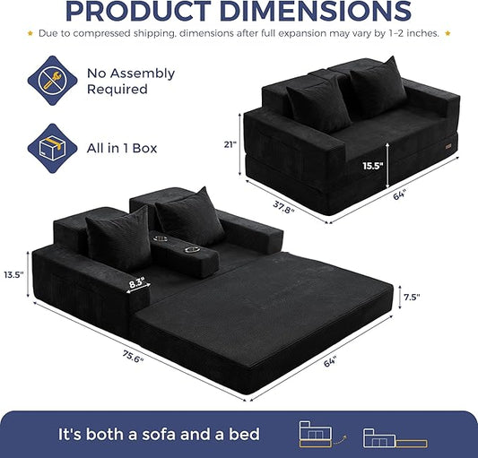 MAXYOYO Loveseat Sofa Bed, 64" Foldable Floor Sofa Couch in A Box with 2 Cup Holders, 4 in 1 Convertible Boneless Couch Folding Recliner Chair for Living Room, No Assembly Required, Black