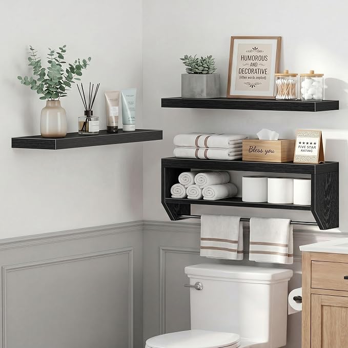 QEEIG Bathroom Floating Shelves for Wall - Shelf Over Toilet Paper Storage Farmhouse 32 inch Long Set of 3, Black (028-80B3)