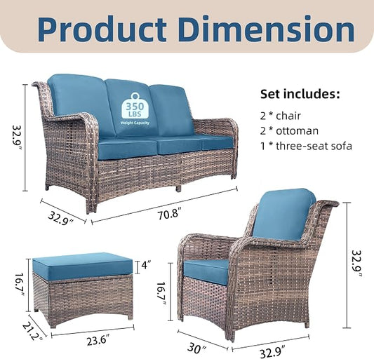 Outdoor Patio Furniture Set, 33" High Back Chairs with 4" Thick Cushions, 5 Pieces Outdoor Seating Furniture, Sectional Sofa Set with 2 Chairs,2 Ottomans and 1 Sofa for Porch Deck Garden, Peacock Blue