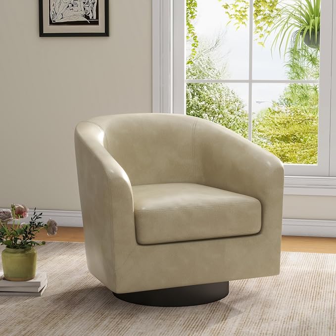 360° Swivel Barrel Accent Chair Armchair, PU Leather Round Club Arm Chair for Lving Room, Modern Upholstered Small Bedroom Single Sofa Seat - Cream, Set of 4