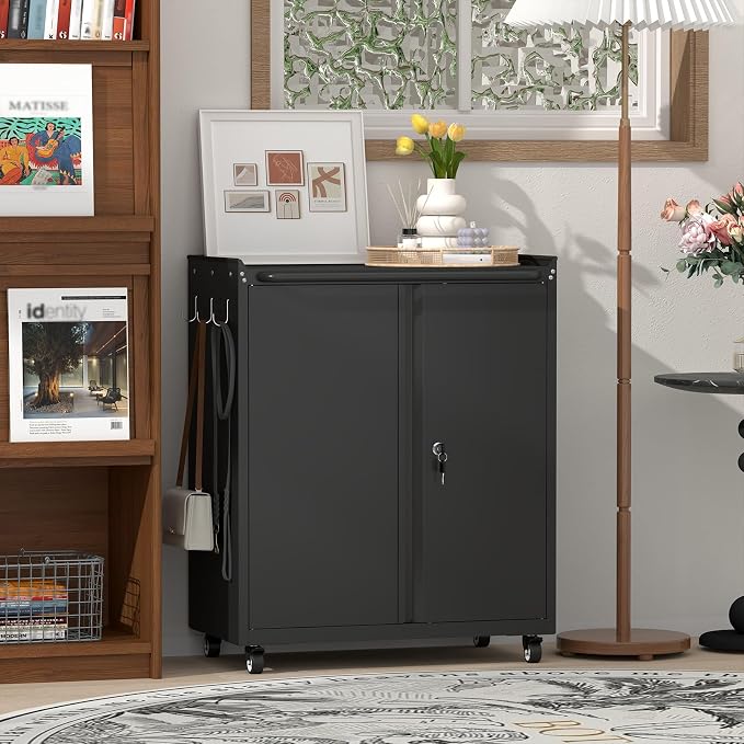 32''H Metal Storage Cabinets with Lock, Metal Garage Storage Cabinet on Wheels, Lockable Rolling Tool Chest Cabinet with Doors & Adjustable Shelves for Garage, Home, Office, Assembly Required
