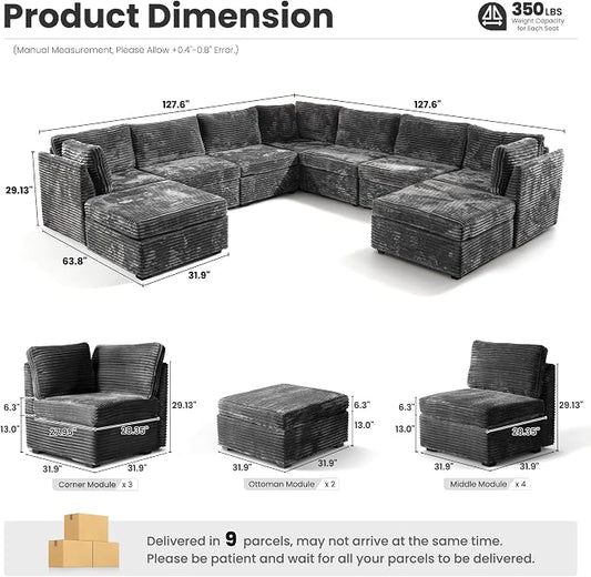 ovios Modular Sectional Sofa Couch with U-Shape Chaise Ottomans, Comfy Plush Corduroy Cloud Couches, Modern Luxury Deep Seat Sofas Set for Living Room, 9-Seater, Grey