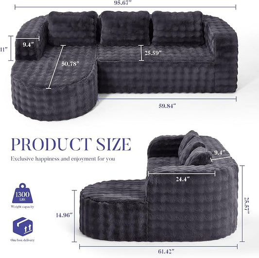 Hobestluk Modular Sectional Sofa Couches L-Shape Couch 3 Seat Modular Sofa Memory Foam Sectional Couches for Living Room, Cloud Couch (Round Ash Grey, 96", Left Hand Facing)
