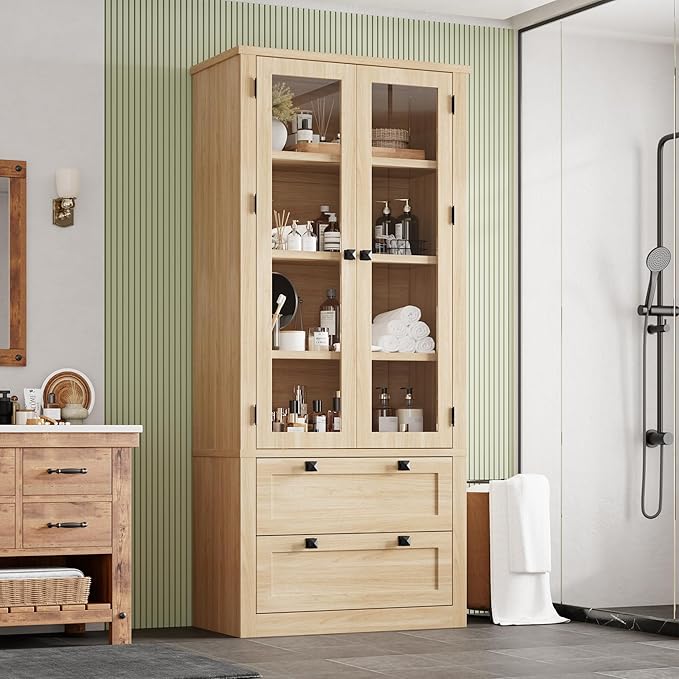 71" Tall Kitchen Pantry Cabinet - Modern Display Storage Cabinet with 2 Large Drawers, Glass Doors, and Adjustable Shelves, Farmhouse Kitchen Cupboard for Dining Room, Bathroom, Living Room, Natural