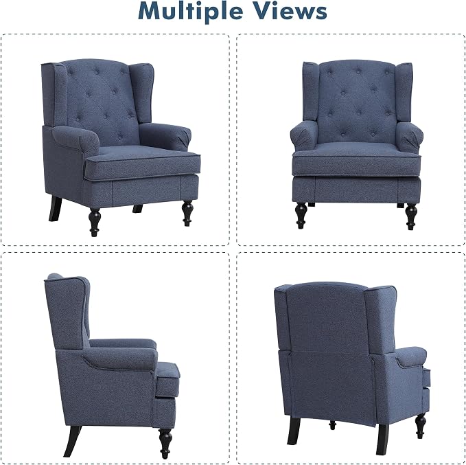 Accent Chair for Living Room, Mid Century Modern Upholstered Armchair, Wingback Chair with Tufted High Back and Solid Legs, Comfy Single Sofa Side Chairs for Bedroom, Blue
