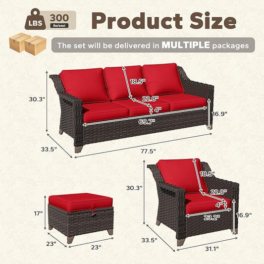 6 Pieces Patio Conversation Furniture Set - 2 Sofas, 2 Armchairs, 2 Ottomans, Outdoor Wicker Furniture with Removable Cushions for Porch, Balcony, Sunroom (Red)