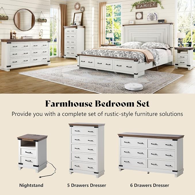 AMERLIFE 2 Pieces Farmhouse Bedroom Set, Includes Wood Rustic King Size Bed Frame with 51" Tall Headboard, 48" Tall 5 Drawers Dresser Chest, Heavy Duty Thick Plank Styling, Antique White