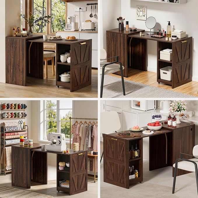 Foldable Desk with Charging Station, Rolling Home Office Desk with Storage Shelf, Pull-Out Computer Table for Small Spaces, Bedrooms, Apartments, and Dorms, Walnut