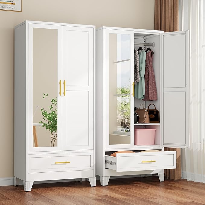 winiowa Metal Armoire Wardrobe Closet with Drawer, 71" Wardrobe Cabinet with Adjustable Shelves and Hanging Rod, Clothing Storage Cabinet Closet with Mirror for Bedroom-White