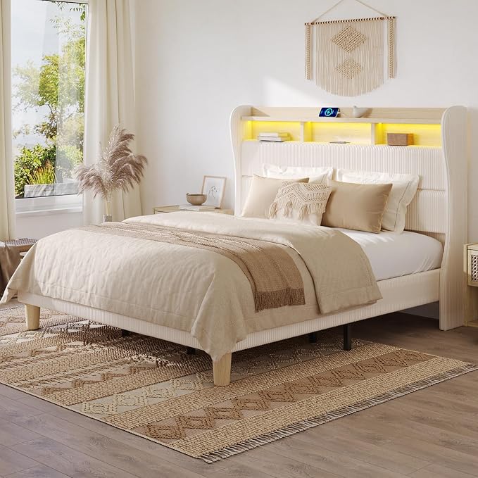 Bestier King Size Upholstered Wingback Bed Frame with 51” High Headboard Corduroy Fabric RGB LED Lights, Charging Station Dual Storage Shelves Modern Off White Platform Bed No Box Spring Needed