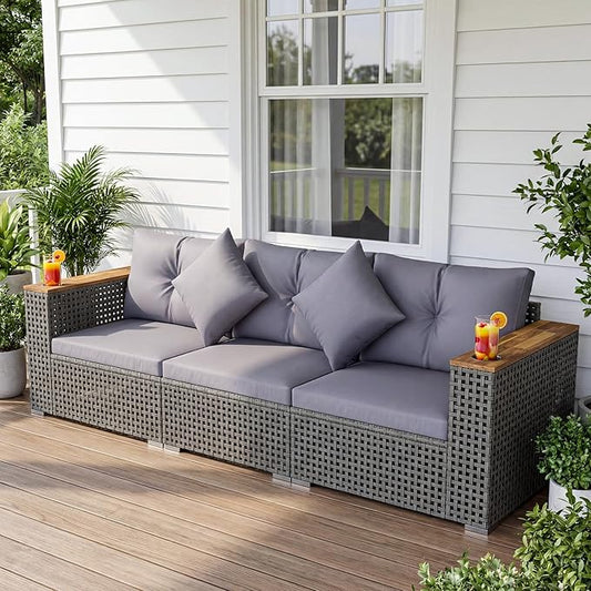 Tangkula 86.5" Large 3-Seat Patio Wicker Sofa, 3 Pieces PE Rattan Sectional Furniture Set with Cup Holders & Wood Armrest, Outdoor Couch Set with Armless & 2 Corner Sofas for Garden, Yard, Porch, Grey