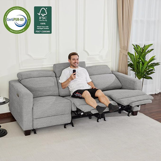 MCombo 88.6'' Reclining Sofa, Wall Hugger Power Recliner Sofa with Adjustable Headrest, USB A & C Charge Ports, Wood Legs, for Living Room (Fabric, HL198M3) (Grey, 3-Seater)