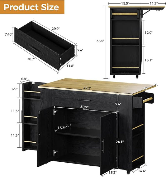 IRONCK Rolling Kitchen Island Table on Wheels with Drop Leaf, Storage Cabinet and Drawer, 52 in Kitchen Cart with Spice and Towel Rack for Kitchen, Black