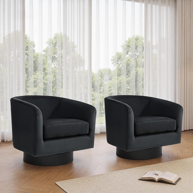 Swivel Barrel Accent Chair, Velvet Upholstered Armchair Modern Round Club Arm Chair for Living Room, Comfy Single Sofa Seating Bedroom Side Reading Seat for Home Office - Black