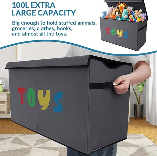 YOLOXO Toy Box Chest, Collapsible Sturdy Storage Bins with Lids, Extra Large Kids Toy Storage Organizer Boxes Bins Baskets for Kids, Boys, Girls, Nursery Room, Playroom, Closet (A-TBX-GRAY-MULTI)