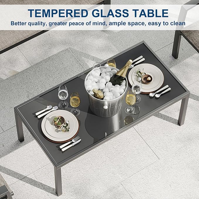 Garvee 4 Piece Patio Bistro Furniture Set, Outdoor Conversation Set with 3 Chairs, Loveseat & Glass Coffee Table, All-Weather Textilene Fabric & Steel Frame for Backyard, Poolside, Porch, Lawn - Brown