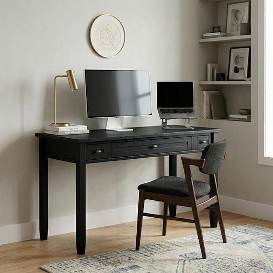 SIMPLIHOME Warm Shaker Desk - 48 inch Wide Solid Wood Writing Desk in Black, Transitional Home Office Computer Desk for Living Room with Keyboard Tray, 2 Drawers and Storage