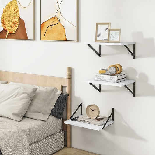 Heimlove Deep Floating Shelves for Wall, Wood Wall, Wide Floating Bookshelf for Living Room, Kitchen, Office, Bedroom and Decor Storage,White with Metal Bracket,16wx12dx5.8h,3Shelves