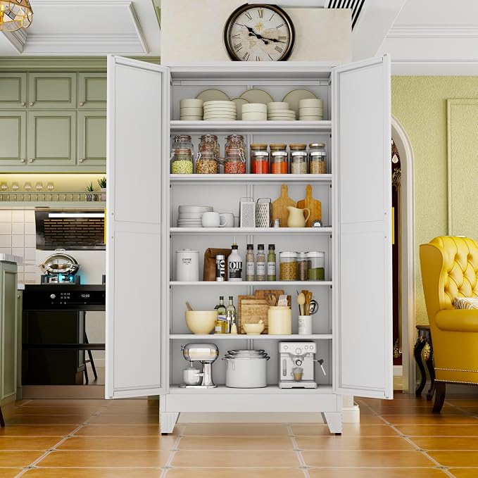 White Metal Storage Cabinet,75" Steel Cabinets for Home Office, Kitchen Pantry Storage Cabinet with Doors and 5 Adjustable Shelves, Tool Cabinets, for Office, Home, Garage, School, 36" W