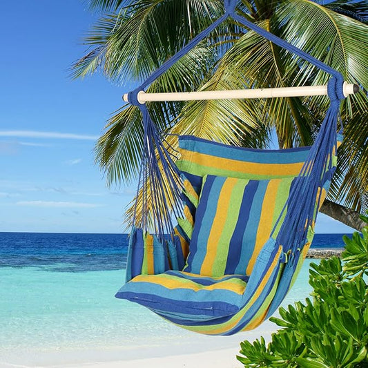 Highwild Hammock Chair Hanging Rope Swing - Max 500 Lbs - 2 Cushions Included - Steel Spreader Bar with Anti-Slip Rings - for Any Indoor or Outdoor Spaces (Blue Striped)