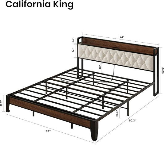 ANCTOR California King Bed Frame, Storage Headboard with Charging Station, Platform Bed Frame with Strong Metal Support, Sturdy and Stable, Noise Free, No Box Spring Needed, Easy Assembly, Walnut