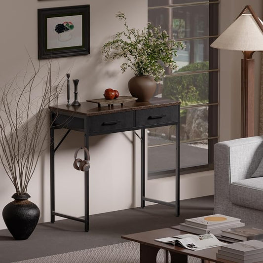 Pamray 32 Inch Small Computer Desk with 2 Drawers for Bedroom Study Writing Home Office Table for Small Spaces Brown