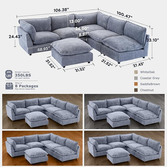 Iroomy Modular Sectional Sofa, Oversized Chenille Cloud Couch, Deep Comfy Seat, 6-Seater Sofas Couches for Living Room, Dusty Blue