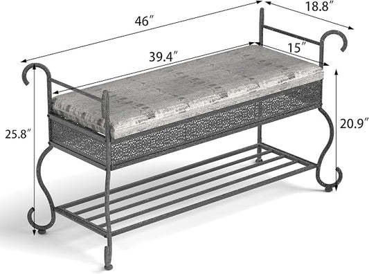 Bluecat 46" Entryway Shoe Bench,Vintage Wrought Iron Shoe Rack Bench with Padded Cushion, Heavy Duty Metal Shoe for Hallway, Foyer, Farmhouse Industrial Decor, Easy Assembly