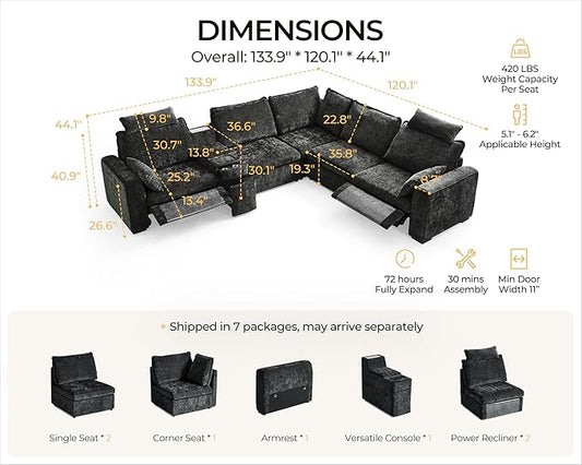 Oversized Modular Sectional Sofa with Double Power Recliner, Cloud Reclining Couch with Headrest, Storage Drawer Charging Cup Holders, Deep L-Shaped 6 Seater with Corner, Chenille, Black