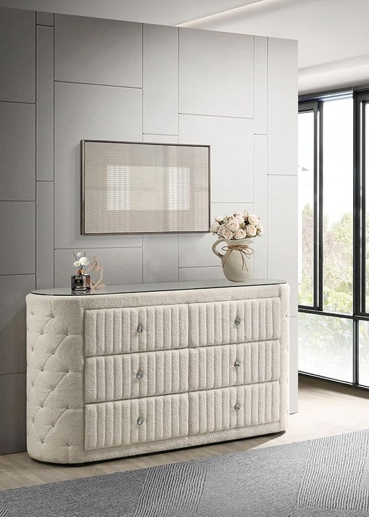 Coaster Home Furnishings - Sonya - Wood - Boucle Upholstered 6-Drawer Dresser with Crystal Hardware, Tufted Panels and Glass Top - Bedroom - Ivory - 360113