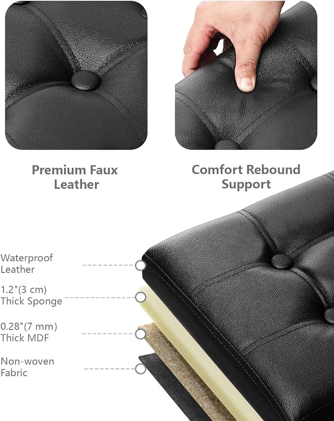AmasSmile Footrest Ottoman Bench with Storage,34Inch Black Leather Footstool, Coffee Table, Padded Seat, Storage Chest,Blanket Store with Flipping Lid for Livingroom and Bedroom