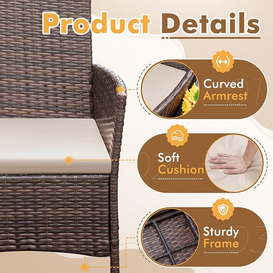 Flamaker Patio Furniture Set 3 Pieces All-Weather Rattan Outdoor Furniture Patio Chairs with Tempered Glass Table for Porch Bistro Balcony (Brown/Cream)