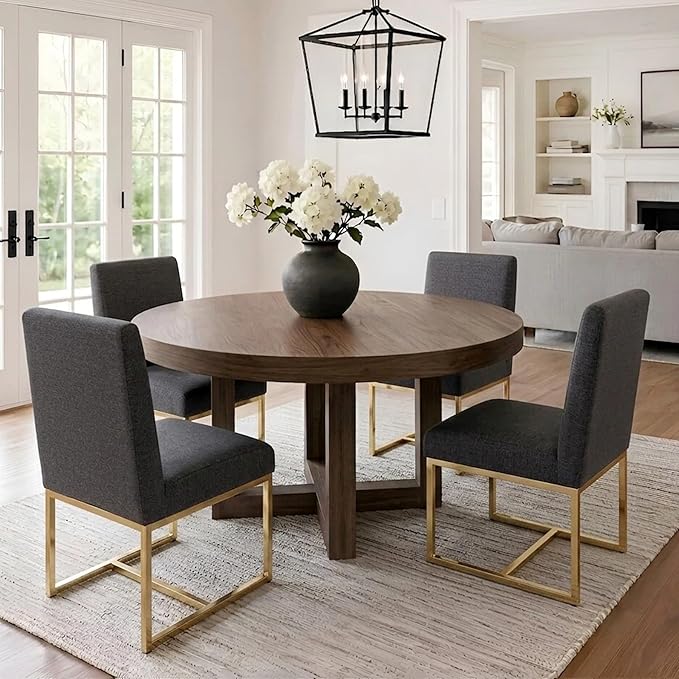 HNY Modern Dining Chairs Set of 4, Upholstered Linen Dining Room Chairs with Ergonomic Back & Polished Gold Metal Frame for Home, Kitchen, Apartment, Charcoal Black