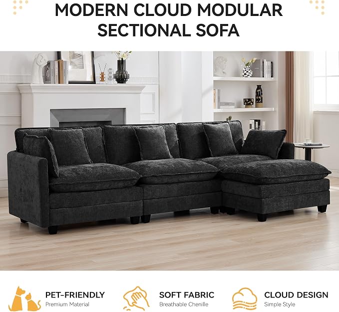111'' Sectional Cloud Deep Seat Couch, Modern Comfy Chenille L Shaped Sectional Sofa for Living Room Set, Upholstered Modular 4-Seats Sofa Couch with 1 Movable Ottoman, Dark Grey