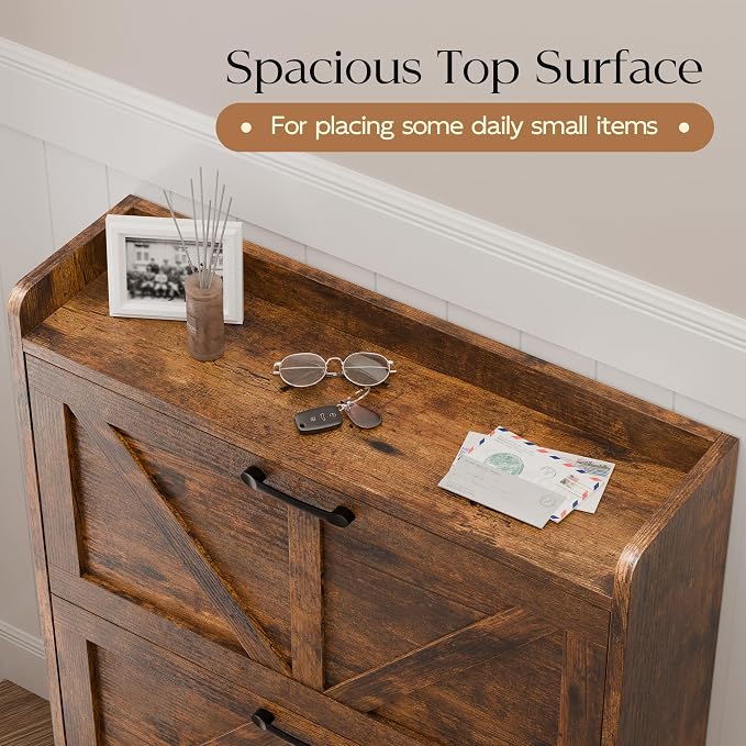 MU Shoe Storage Cabinet with 2 Flip Drawers, Freestanding Shoe Rack Cabinet with Metal Legs, Hidden Shoe Organizer Cabinet for Entryway, Living Room, Rustic Brown