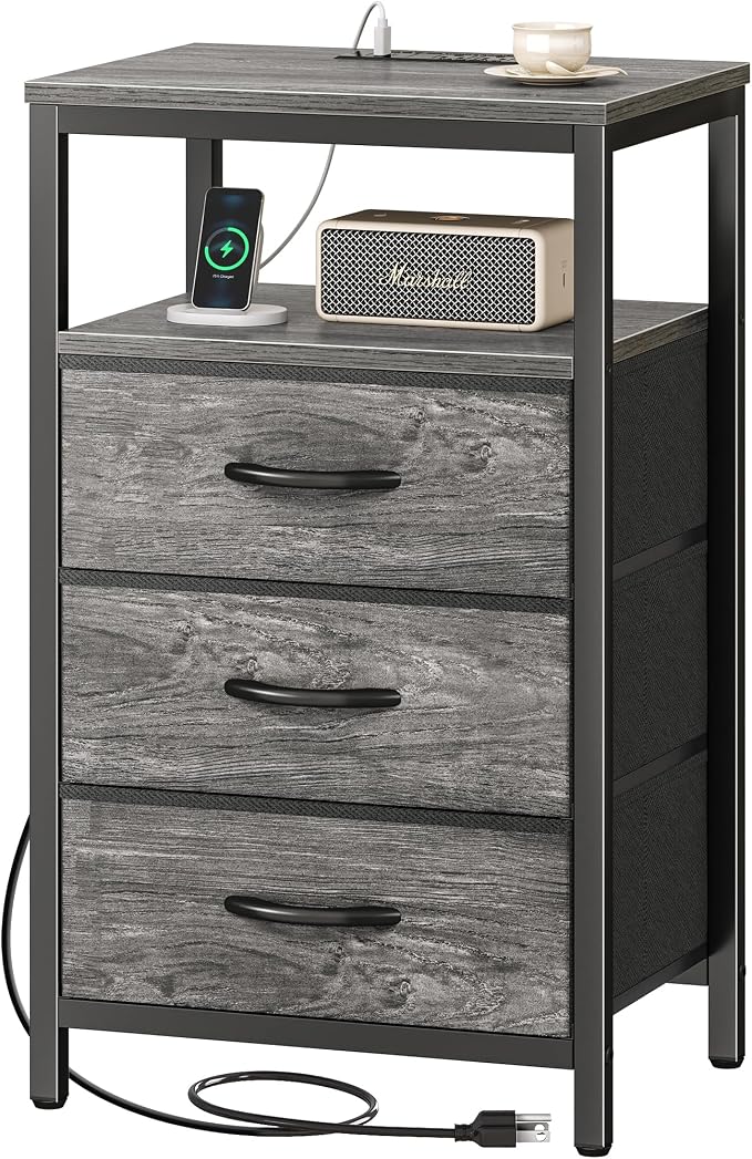 Huuger Nightstand with Charging Station, 27.6 Inch End Table Bedside Table with USB Ports and Outlets, Night Stand for Bedroom, Fabric Drawers, Grey