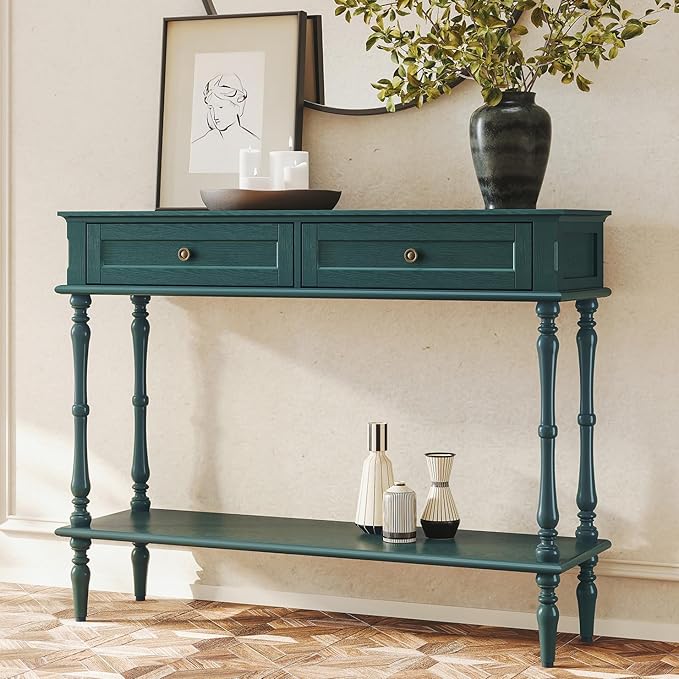 ARTPOWER Console Table for Entryway with 2 Drawers-Minimal Assembly,Retro Entryway Tables with Storage Cabinets and Open Shelf,Narrow Long Couch Table Behind Sofa for Living Room,Foyer,Hallway,Green