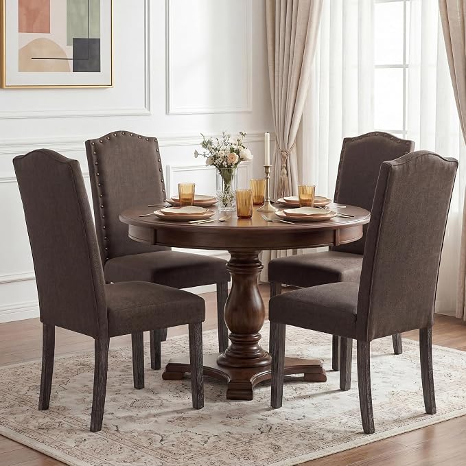 LSSBOUGHT Dining Chair Upholstered Parsons Kitchen Chair with Copper Nails and Solid Wood Legs (Taupe-Fabric, Set of 6)