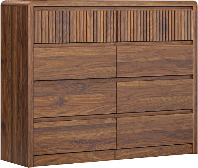 LYNSOM Walnut Fluted 8 Drawer Dresser, 50" Wide Wooden Chest of Drawers for Bedroom, Curved Profile Design, Mid Century Modern Dresser Storage Organizer Closet for Living Room, Hallway, Entryway