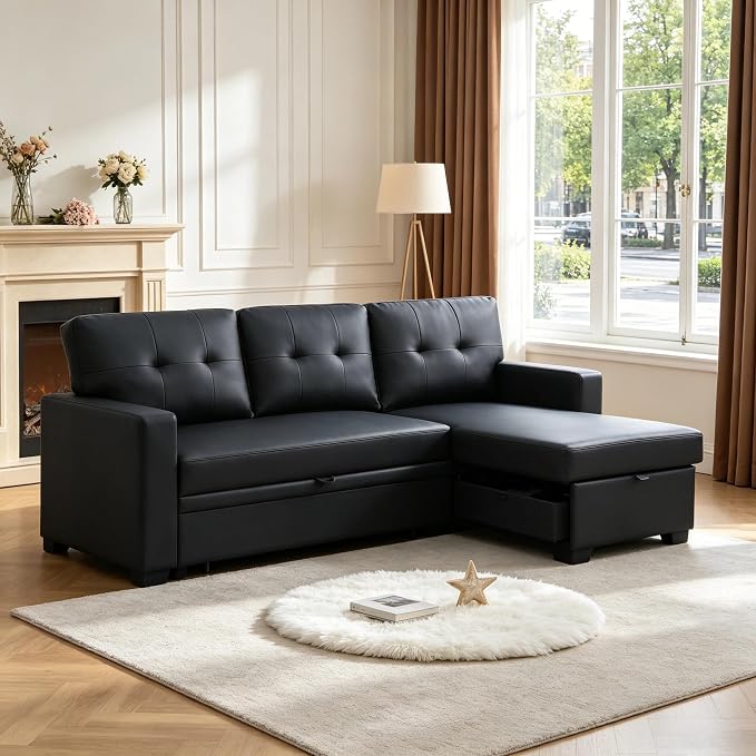 Pull Out Couch, L Shaped Sectional Couch with Pull Out Bed, Convertible Sofa Bed with Storage Chaise, Twin Size Sleeper Sofa, Sofa Bed Couch, Sleeper Sofa with Storage, Black