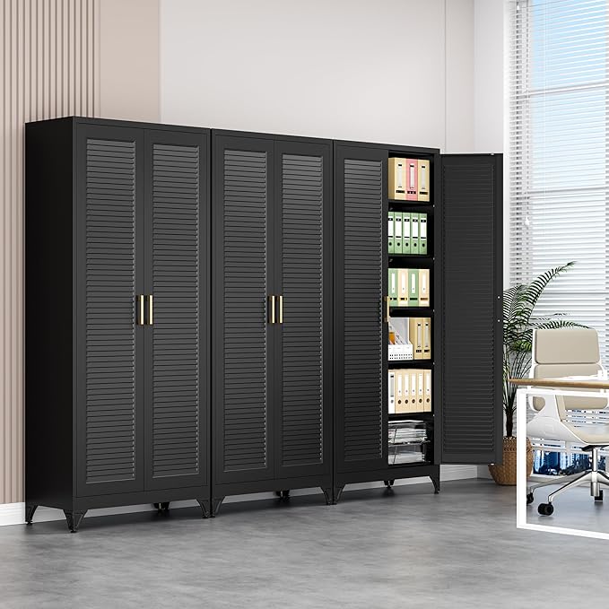 Polup 75" Metal Storage Cabinet with Doors and Shelves, Black Kitchen Pantry Cabinet, 6-Tier Freestanding Tall Storage Cabinet for Garage, Office, Bathroom, Laundry Room, Dining Room