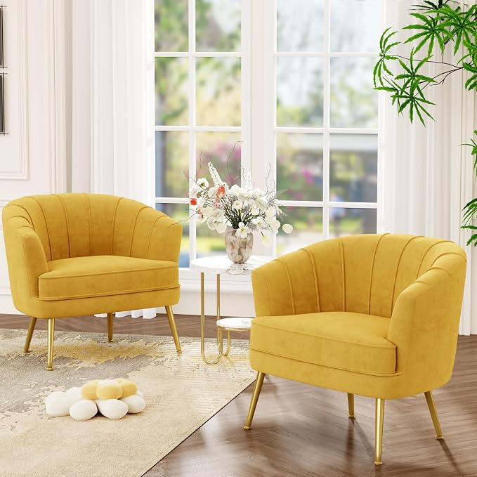 Andeworld Velvet Accent Chair Set of 2, Upholstered Modern Single Sofa Side Chair,Comfy Barrel Club Living Room Armchair with Golden Metal Legs for Bedroom Living Reading Room Office, Yellow