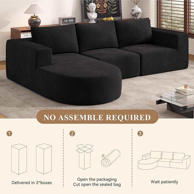 L-Shaped Boneless Couch,104" Couches for Living Room with Curved Chaise,Modular Sectional Sofa with Deep Seat,Modern Cozy Cloud Compression Sofas,No Assembly Required(Black) 1PCS