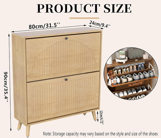 Fsbecl Shoe Storage Cabinet for Entryway with 2 Flip Drawers, Narrow Wood Shoe Cabinet with Fluted Panel, Freestanding Hidden Shoe Organizer for Foyer, Hallway (Wood Color)