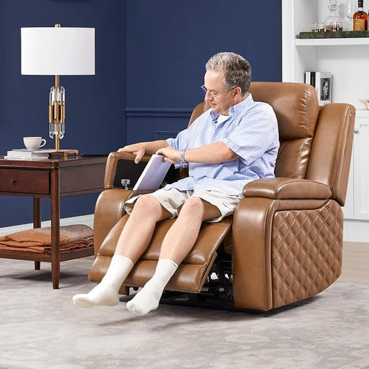 Watson & Whitely Genuine Leather Power Recliner Chairs for Adults, Zero Gravity Recliner with Power Headrest & Hidden Storage, Electric Reclining Sofa Chair for Living Room, Home Office, Saddle Brown