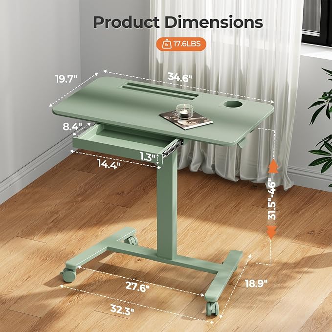 Mobile Standing Desk with Drawer, 35" Small Standing Desk with Cup Holder, Rolling Laptop Cart on Wheels, Height Adjustable Table with Storage for Home Office, Sage Green