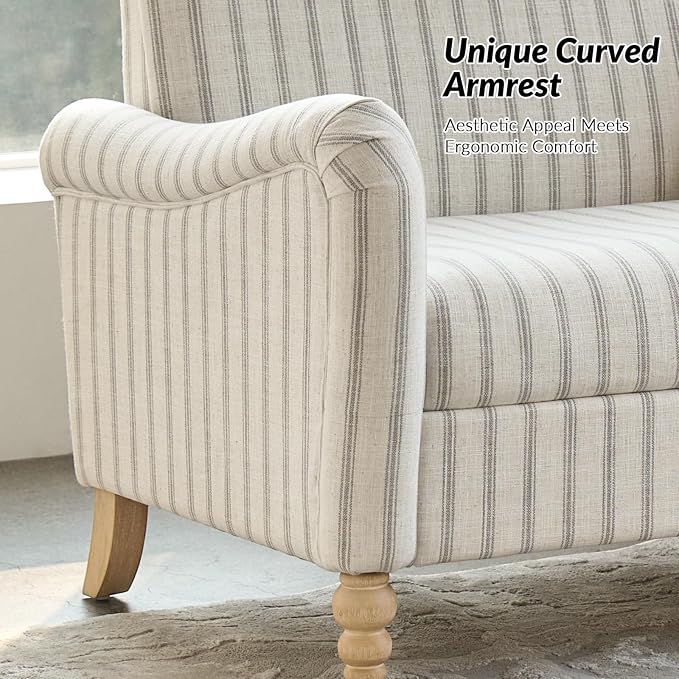 HULALA HOME 50.5" Loveseat Sofa with Stripe Pattern, 2 Seater Farmhouse Sofa with Rolled Wide Armrests and Rubber Wood Legs, Comfy Upholstered Small Couch for Living Room Bedroom, Grey