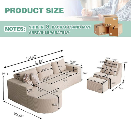 104.92" L-Shaped Corduroy 3 Piece Sofa Set with Single Lounge Chair & Ottoman, Modular Compressed All Foam Couch, Freely Movable Footrest, Minimalist Large Living Room Furniture